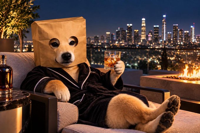 A Shiba Inu dog wearing a black robe and a paper bag over its head sits on a patio chair holding a glass of whiskey, with a city skyline and a fire pit visible in the background.