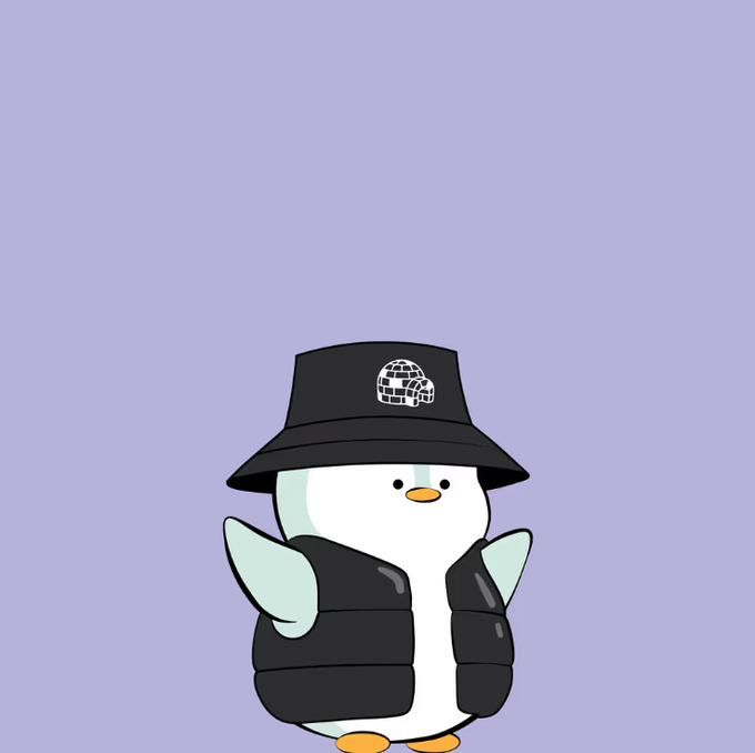 An illustration of a penguin wearing a black bucket hat with a globe logo and a black puffer vest against a purple background.