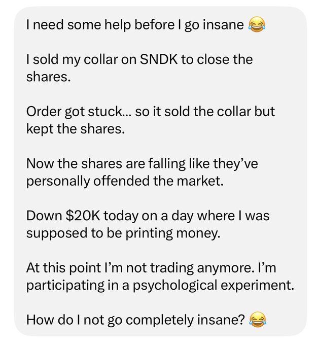 A frustrated trader vents in a text message about selling a collar on SNDK to close shares, but the order got stuck—keeping the shares, which then dropped $20K. The reply advises accepting the loss rather than chasing it back and avoiding trading communities for now.