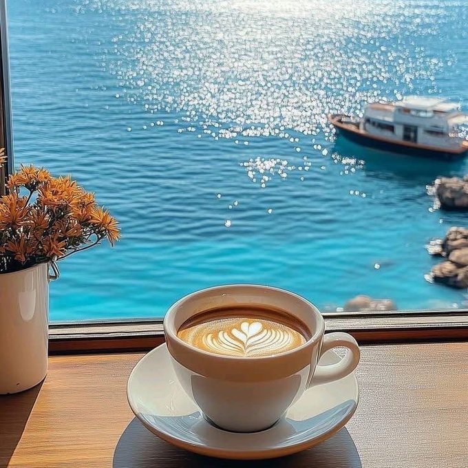 A cappuccino with heart-shaped latte art sits on a saucer by a window overlooking a sparkling blue sea with a boat, alongside a vase of orange flowers.