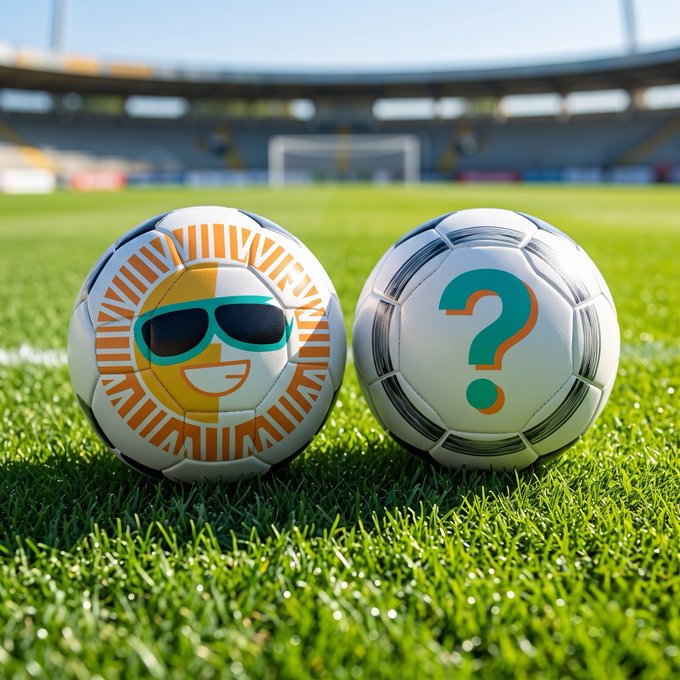 Two soccer balls on a grassy field in a stadium — one featuring a smiling emoji wearing sunglasses with orange rays, and the other displaying a green and orange question mark.