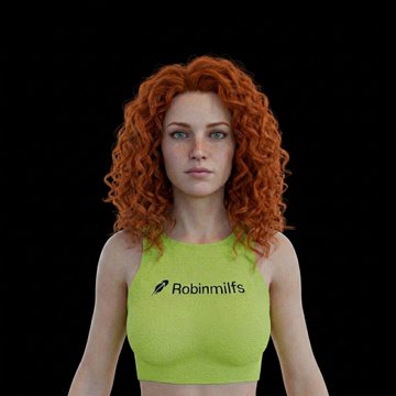 A 3D render shows a woman with curly red hair wearing a bright yellow-green sports top with the text 'Robinmilfs' printed on it.