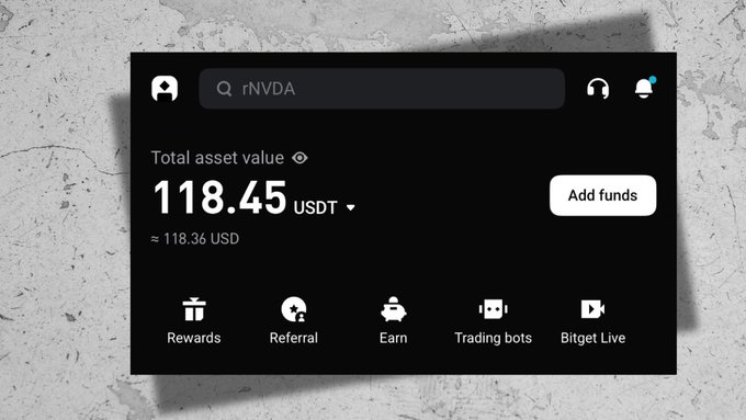 A screenshot of a Bitget crypto account dashboard shows a total asset value of 118.45 USDT (~$118.36 USD) with the ticker "rNVDA" in the search bar, reflecting the user's modest second winning trade for the month. The displayed balance corresponds to the poster's celebration of another successful gain in July.