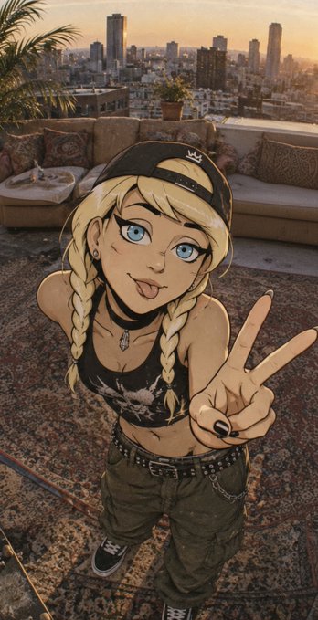 An illustrated/anime-style portrait of a blonde girl with braids, wearing a black cap, black crop top, and cargo pants, sticking her tongue out and making a peace sign against a backdrop of a rooftop lounge with a city skyline at sunset.
