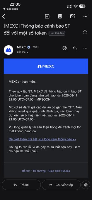 A Facebook notification from MEXC exchange in Vietnamese, warning about ST delisting tokens like MRSOON, citing no significant improvement in trading volume.