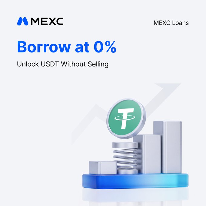 MEXC promotional image for its Loans product, featuring the headline "Borrow at 0%" and subheading "Unlock USDT Without Selling," accompanied by a 3D graphic of a Tether coin resting on a stack of coins and bar charts with an upward arrow. The visual reinforces the post's message of borrowing USDT against crypto collateral at zero interest to fund further trading opportunities.