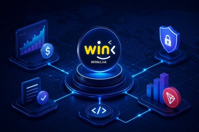 A 3D digital graphic displays the "win< WINkLink" cryptocurrency logo on a central pedestal, connected to floating icons representing analytics, security, verification, code, and a Toncoin token.