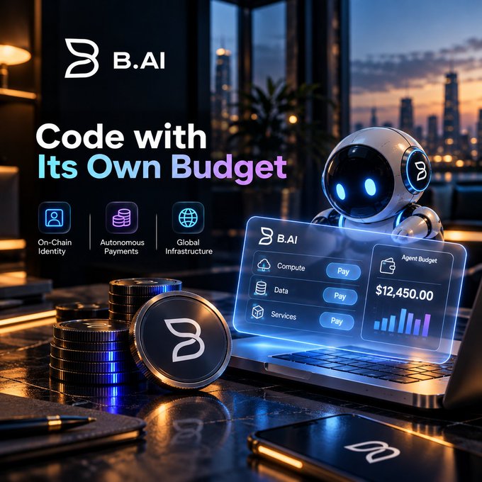 An advertisement for 'B.AI' featuring the tagline 'Code with Its Own Budget' alongside a robot, a laptop displaying a budget dashboard, and stacked coins.