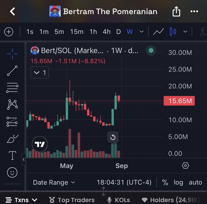 TradingView chart titled 'Bertram The Pomeranian' showing Bert/SOL weekly performance at 15.65M, down -8.82% (-1.51M), with 24,918 holders noted at the bottom.