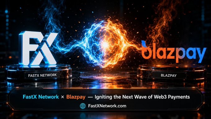 A collaboration banner between FastX Network and Blazpay, featuring stylized "FX" and "blazpay" logos with fiery blue and orange energy effects colliding between them. The text reads "FastX Network × Blazpay — Igniting the Next Wave of Web3 Payments" along with the website FastXNetwork.com, visually representing the partnership that explores the intersection of AI infrastructure and DeFi tools.
