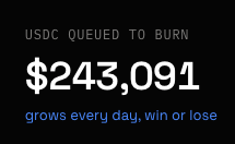 A dark graphic displaying the text 'USDC QUEUED TO BURN' above a large white number '$243,091', with blue text below stating 'grows every day, win or lose'.