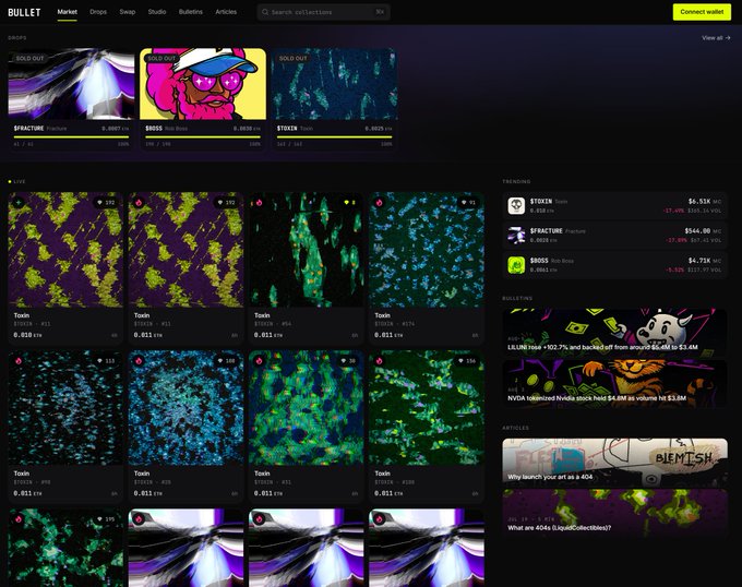 A screenshot of the BULLET NFT marketplace on Magic Eden displaying Toadz, Sphacture, and Bosss NFT collections with trending stats and floor prices.