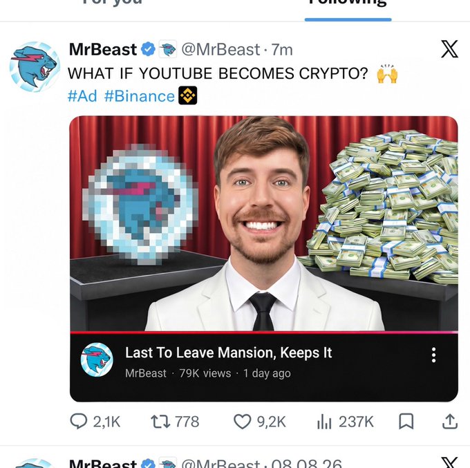 The image shows a tweet from MrBeast (@MrBeast) reading "WHAT IF YOUTUBE BECOMES CRYPTO? #Ad #Binance" accompanied by a thumbnail featuring a pixelated blue lion logo and stacks of cash, with a YouTube preview of his "Last To Leave Mansion, Keeps It" video. The post uses this legitimate MrBeast tweet to promote a fake "$BEAST" presale token, attempting to scam users by exploiting the verified account and Binance partnership branding shown in the image.