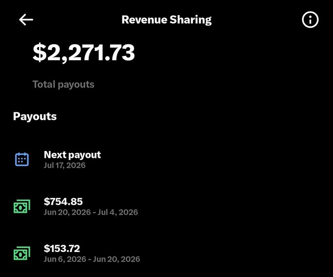 A Revenue Sharing screen displaying $2,271.73 in total payouts, with the next payout scheduled for Jul 17, 2026.