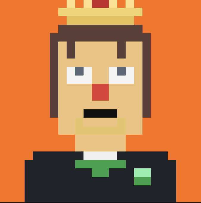 A pixel art portrait of a character with a yellow crown, pale skin, wide eyes, and a green tie against a solid orange background.