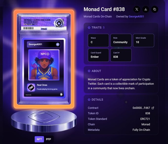 NFT profile picture titled 'Monad Card #838' owned by GeorgeA001, showing a cartoon character with 'NPCQ' and 'COLLEGE STATS' on a purple background.