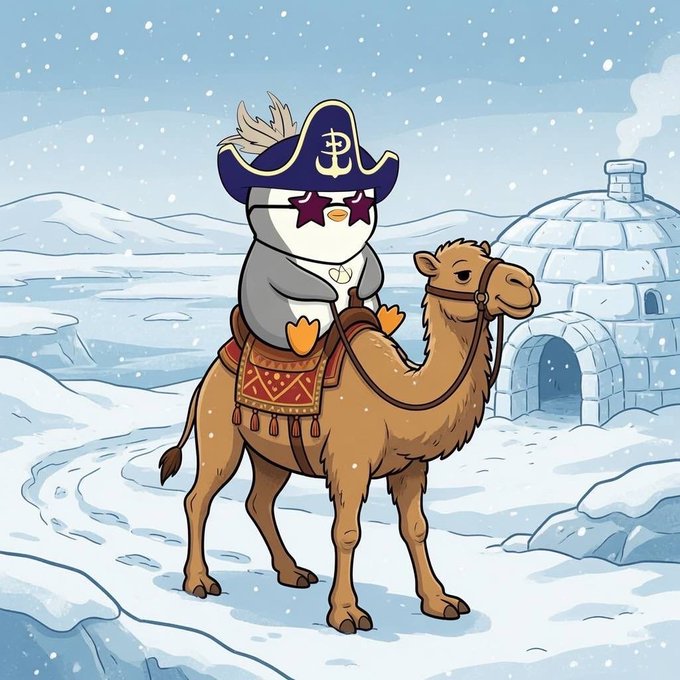 A cartoon illustration of a penguin dressed as a pirate captain with star-shaped sunglasses, riding a camel across a snowy landscape with an igloo in the background.