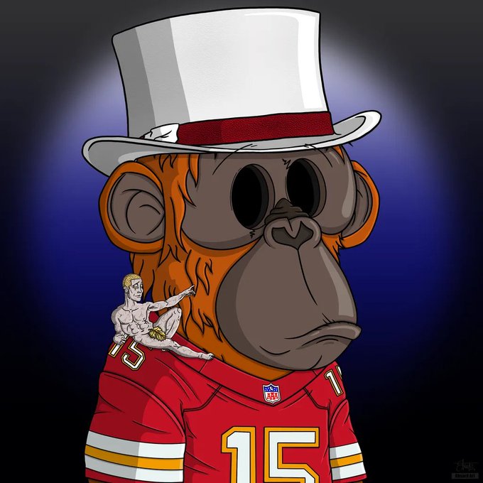 A digital illustration shows a Bored Ape-style monkey wearing a white top hat and a red Kansas City Chiefs #15 (Patrick Mahomes) NFL jersey, with a small classical-style figure reclining on its shoulder against a dark purple background.