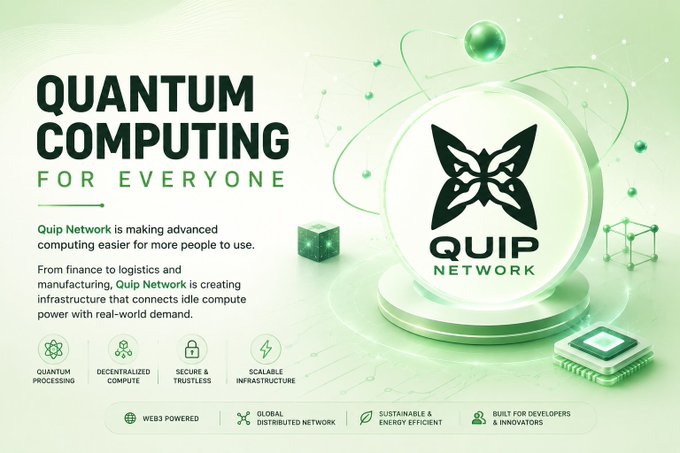 The image features a poster for Quip Network, which promotes Quantum Computing for everyone. The poster includes a white circle with a black butterfly design at its center, surrounded by various elements related to computing and technology. These include text that highlights the importance of Quantum Computing in today's world, as well as an image of a computer chip. The overall theme of the poster is focused on promoting the idea that everyone can benefit from Quantum Computing, regardless of their background or expertise in the field.