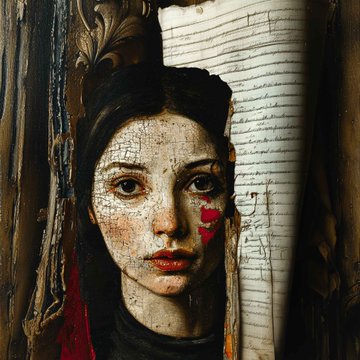 Mixed-media portrait painting of a young woman with dark hair and a red mark on her cheek, rendered with collaged paper textures against an ornate carved wooden frame background.