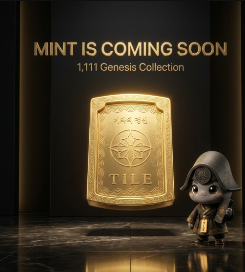 Advertisement reading 'MINT IS COMING SOON' and '1,111 Genesis Collection' showing a gold bar labeled 'TILE' with Korean characters alongside a cartoon character in traditional robes.