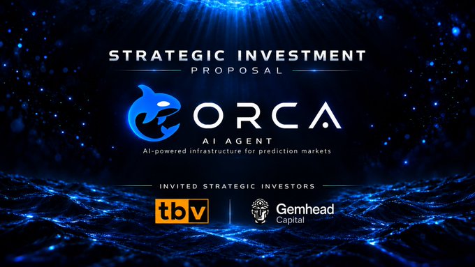 A digital banner reading 'STRATEGIC INVESTMENT PROPOSAL' for 'ORCA AI AGENT', described as 'AI-powered infrastructure for prediction markets', listing invited strategic investors as 'tbv' and 'Gemhead Capital'.