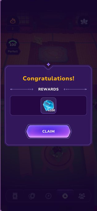 A mobile game rewards screen displaying 'Congratulations!' with 'x100' blue gems and a 'CLAIM' button.