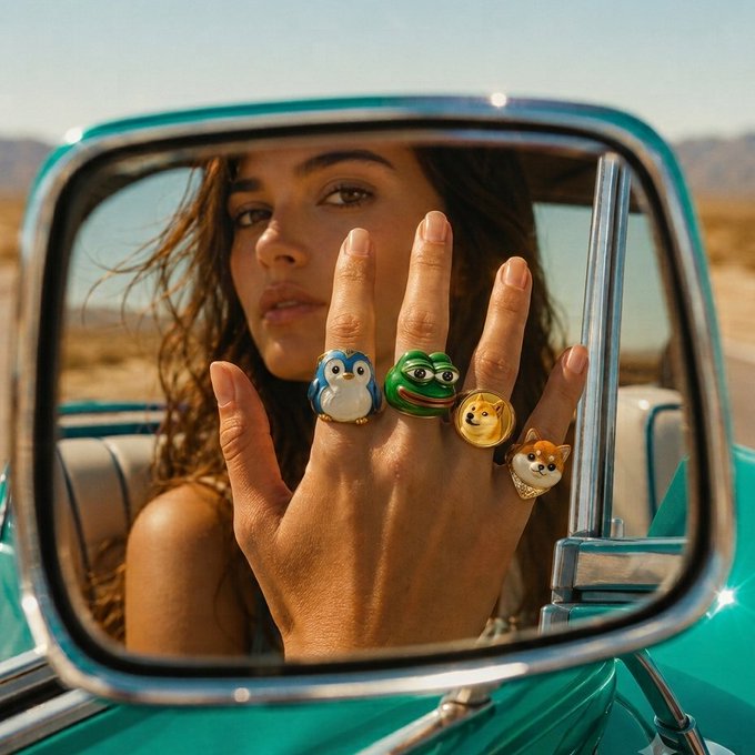 A woman holds up four fingers displaying quirky rings featuring a penguin, Pepe frog, Doge, and Shiba Inu, all iconic memecoins, posing as she asks which one represents viewers for the upcoming memecoin season.