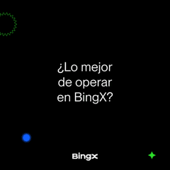 The image is a BingX promotional graphic featuring the question "¿Lo mejor de operar en BingX?" in white text against a black background. The accompanying post references the BingX app's versatility beyond just trading, and the image's question invites users to share what they consider the best part of using the platform.