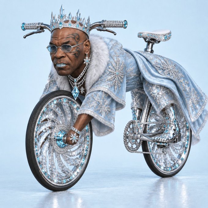 Mike Tyson is depicted wearing a sparkly light blue snowflake-patterned robe, a jeweled crown, and diamond grills while posing with a crystal-covered bicycle.