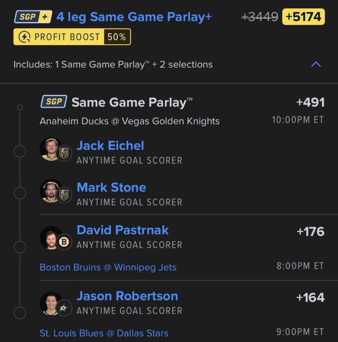A sports betting app screenshot showing a 4-leg Same Game Parlay+ with a 50% Profit Boost and potential winnings of +5174, featuring goal scorer picks for Jack Eichel, Mark Stone, David Pastrnak, and Jason Robertson.