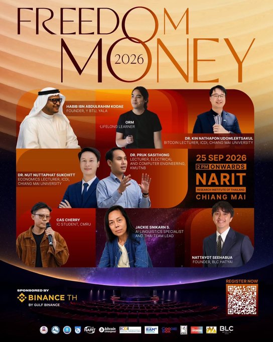 A promotional poster for "FREEDOM MONEY 2026" at NARIT Research Institute of Thailand in Chiang Mai on 25 Sep 2026, featuring photos and titles of speakers including Habib Ibn Abdulrahim Kodai, Orm (Lifelong Learner), Dr. Kin Nathapon Udomlertsakul, Dr. Nut Nuttaphat Sukchit, Dr. Pruk Sasithong, Cas Cherry, Jackie Shikarim S., and Nattayot Seehabua, sponsored by Binance TH.