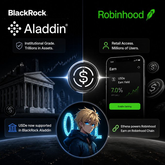A promotional graphic showing BlackRock Aladdin (Institutional Grade, Trillions in Assets) and Robinhood (Retail Access, Millions of Users) with USDe earning 7.0% APY, and text noting Ethena powers Robinhood Earn on Robinhood Chain.