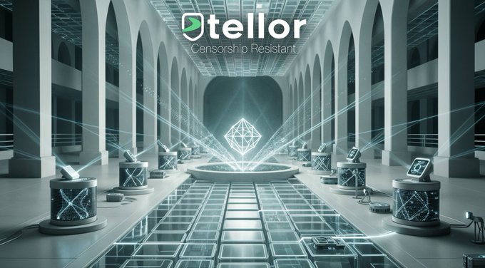 Promotional graphic for 'Otellor — Censorship Resistant' showing a futuristic hall with pedestals displaying various cryptocurrency and blockchain logos.