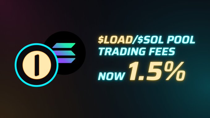The image features the $LOAD/$SOL token logos alongside text announcing that trading fees on the official pool have been reduced to 1.5%, visually reinforcing the post's update about the lowered fee rate and ongoing liquidity efforts.