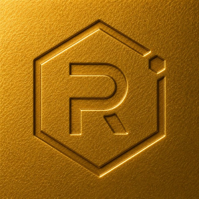 A gold-toned emblem featuring the letter "R" embossed inside a hexagon, set against a textured metallic background, visually representing the "Gold on Solana" branding with a premium, luxurious aesthetic.