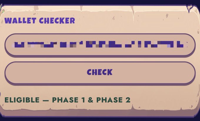 The image shows a "Wallet Checker" interface with a button labeled "CHECK" and green text reading "ELIGIBLE — PHASE 1 & PHASE 2," confirming the poster's claim of being eligible for both phases of an airdrop or distribution. The input field contains blurred/pixelated text, likely an obscured wallet address being checked.