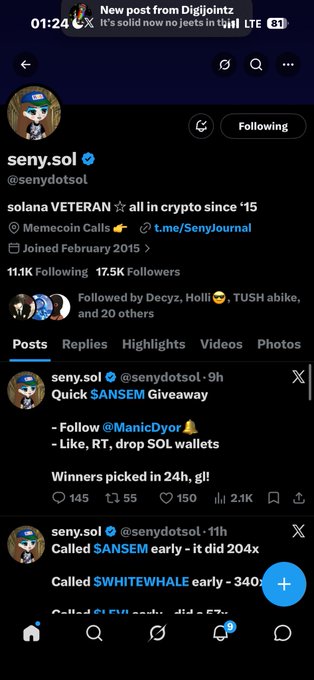 Twitter/X profile of @senydotsol, a self-described 'solana VETERAN' who has been in crypto since 2015, posting about a $ANSEM giveaway and early calls on tokens like $WHITEWHALE that did 204x and 340x.