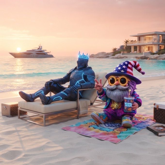 A digital illustration of a futuristic knight in glowing blue armor sitting on a beach lounge chair next to a colorful gnome wearing an American flag hat, with a yacht and luxury house in the background at sunset.
