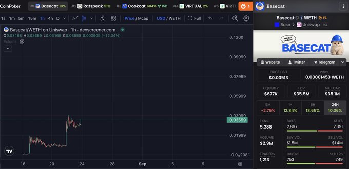 A CoinPoker trading chart displays the Basecat/WETH pair priced at $0.03913 with +12.34% gains, showing a recent sharp upward spike near 0.03599 WETH. The Basecat token ($Basecat on Base and Uniswap v3) shows $677K liquidity, $35.5M FDV, and $35.1M market cap, supporting the poster's bullish "BIG DAY TOMORROW" sentiment about a potential breakout.