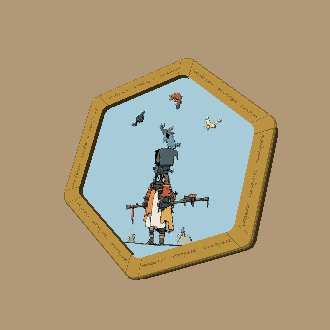A pixel art illustration framed in a yellow hexagonal border, depicting a character on a post-apocalyptic landscape with flying creatures in the sky.