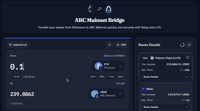 A screenshot of the ARC Mainnet Bridge interface showing a transfer of 0.1 ETH from Ethereum to 239.8862 USDC on ARC Mainnet.