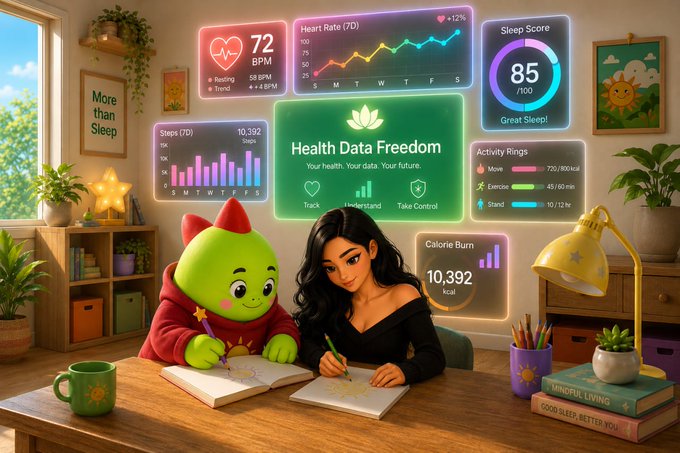 A digital illustration of a woman and a green character in a red hoodie drawing together at a desk, surrounded by floating health data panels showing metrics like 'Heart Rate 72 BPM', 'Sleep Score 85', and 'Steps 10,392'.