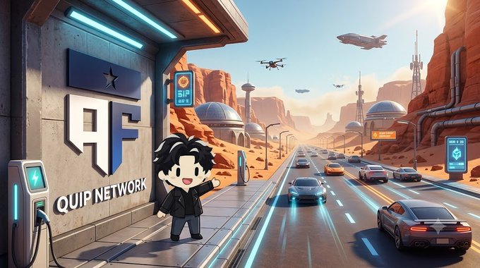 Stylized digital illustration of a futuristic desert landscape featuring a 'QUIP NETWORK' building with a 'QF' star logo, a chibi character waving, futuristic cars, drones, and blimps in the sky.