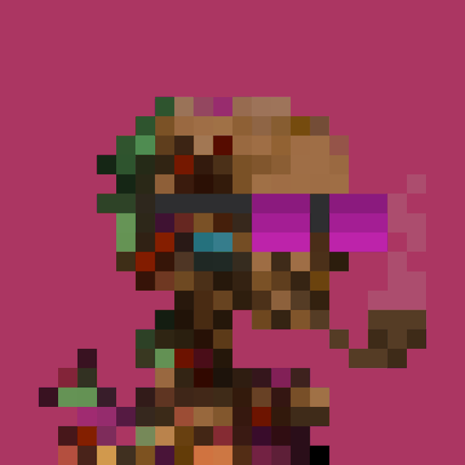 A heavily pixelated, abstract figure composed of multicolored blocks stands against a bright pink background.