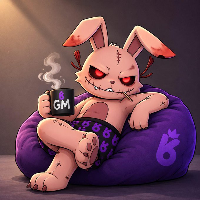 A stitched, red-eyed cartoon rabbit relaxes on a purple beanbag while smoking a cigarette and holding a mug that reads "GM," perfectly matching the post's casual "good morning" greeting.