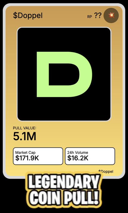 The image features a square gold card with an abstract green letter "d" displayed prominently at its center, surrounded by black lines. Below the card, there's text that reads "Legendary Coin Pull!" The background of the photo appears to be gray, providing a neutral backdrop for the vibrant yellow and black elements. At the top right corner, there is a small red light symbol, which might represent some sort of game or interactive element in relation to the card. This combination of colorful design and interactive elements makes it an attention-grabbing image that could spark interest in the Doppelfun coin pull or related games.