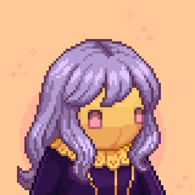 A pixel art portrait of a character with long lavender hair and pink eyes, wearing a dark hooded cloak and gold jewelry, set against a peachy-orange background with small decorative sparkles.