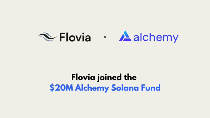 The image features a white background with two logos, one blue and one black, positioned side by side. The text "Flovia joined the Alchemy @Solana Fund" is displayed below the logos. This suggests that Flovia has recently joined forces with Alchemy, an Alchemists company, to invest in their platform for analyzing agent traffic and generating sustainable business growth through machine payments.