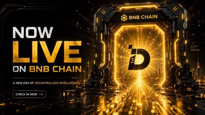 A promotional graphic announces "NOW LIVE ON BNB CHAIN" with the headline "A NEW ERA OF DECENTRALIZED INTELLIGENCE," featuring the BNB Chain logo and a stylized "D" emblem set within a glowing futuristic cityscape portal, inviting users to "CHECK IN NOW" for the Didot (Didotxyz) campaign.